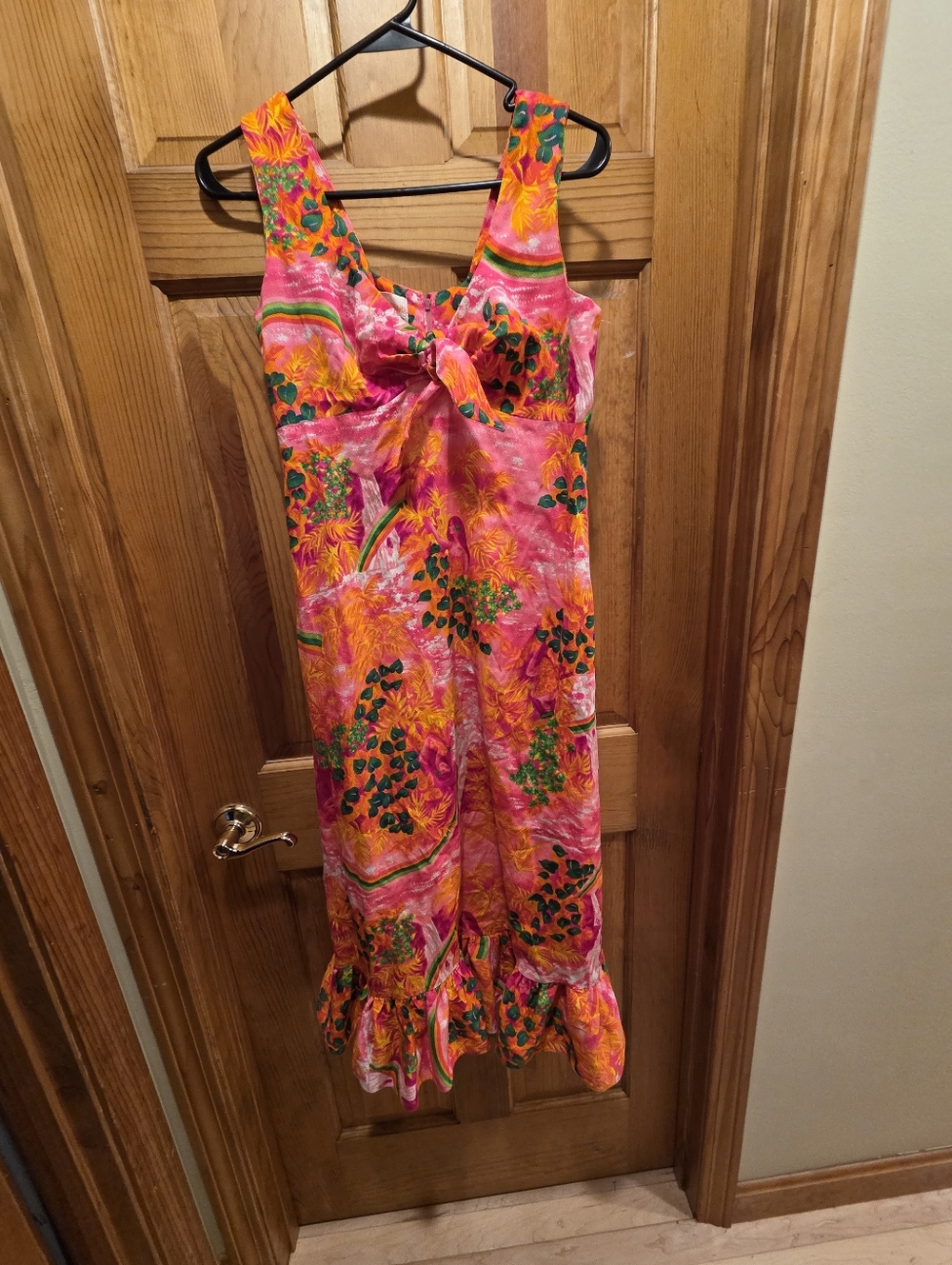 Vintage 1970 Pomare Tahiti Bright Pink Tropical Floral Maxi Dress